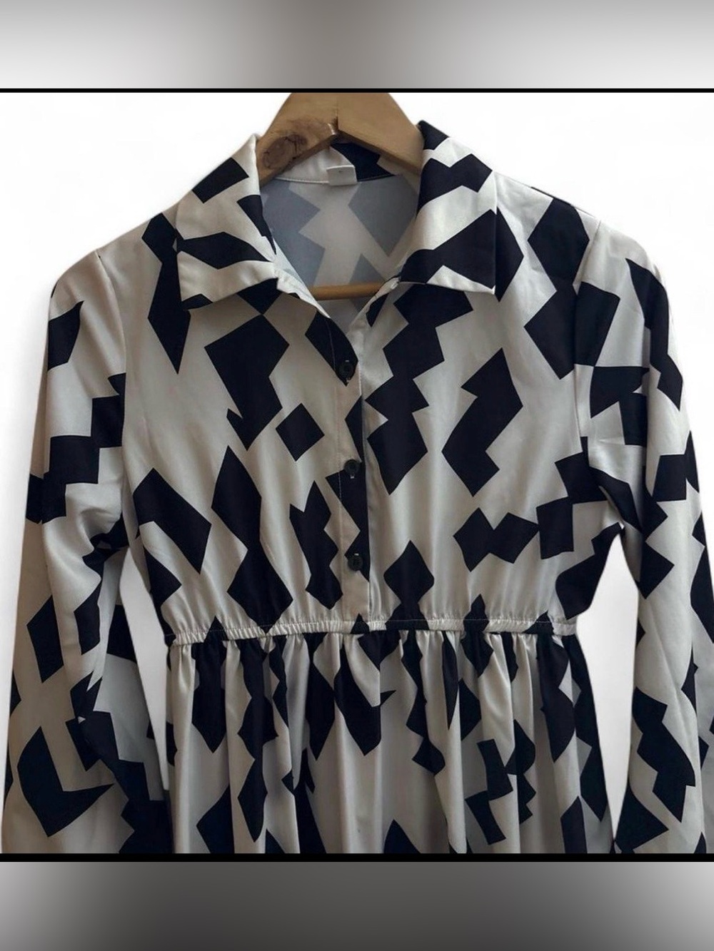 SHEIN Black and White Geometric Long Sleeve Collared Dress